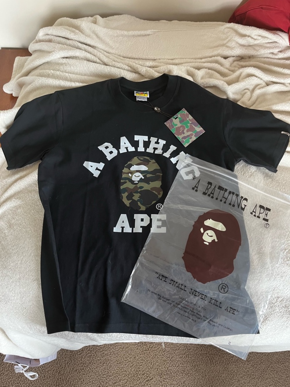 Bape Black T-Shirt with White Logo and Camo Ape Head